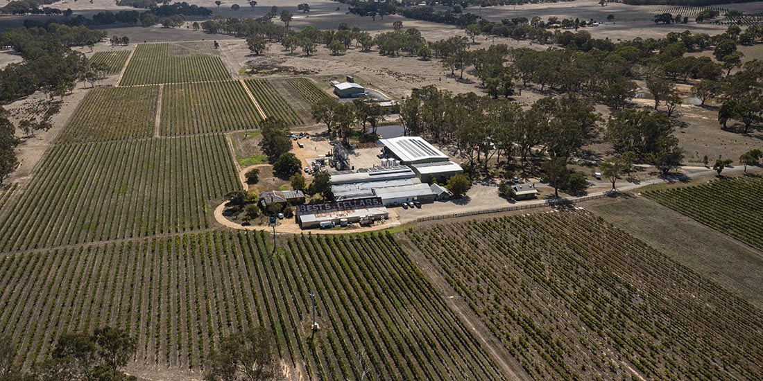 Aerial shot of vineyard and winery.